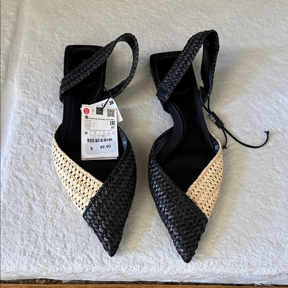Zara Shoes - ZARA Black and Natural Woven Pointed Toe Slingback Flats
